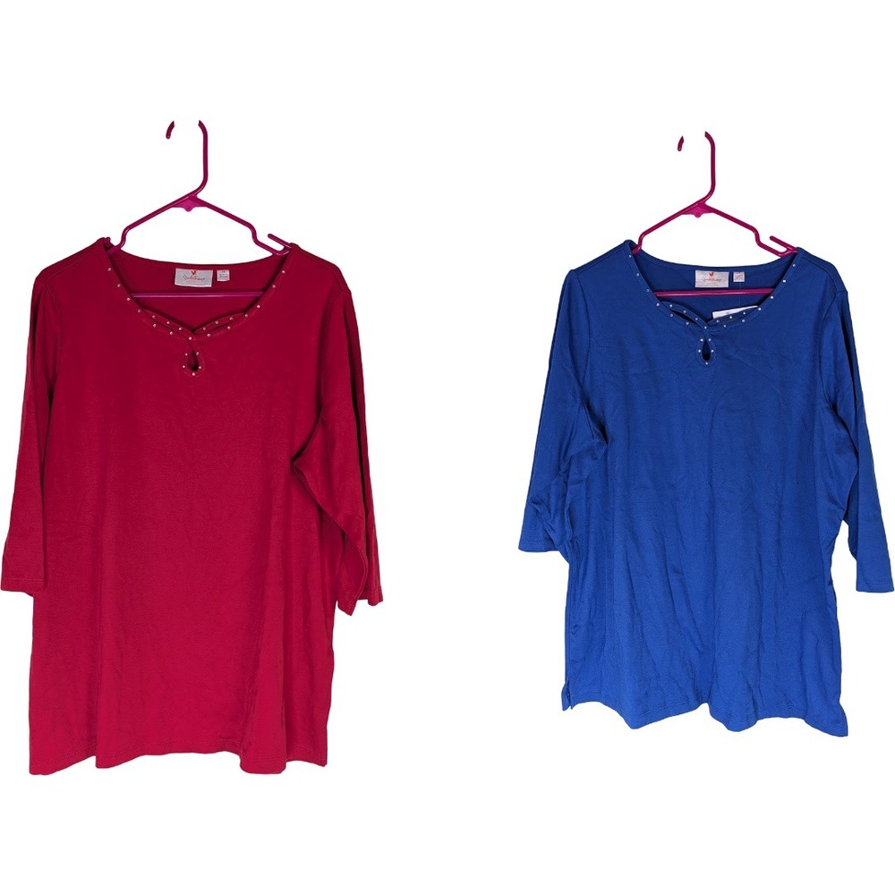 Quacker Factory Sparkle Keyhole 3/4 Sleeve Top Set Women 1X Royal Ruby Red Blue